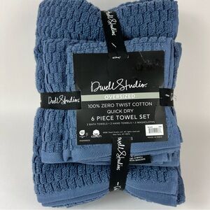Dwell Studio Bath Towel Set 6 PC Blue Quick Dry 100% Zero Twist Cotton NEW